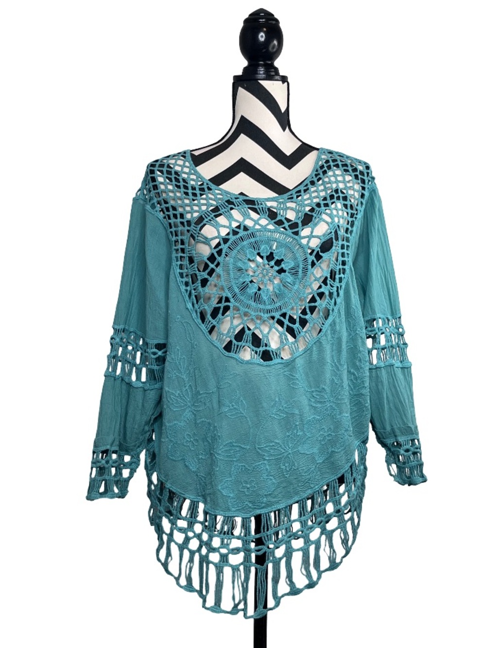 Women's Boho Sz L Turquoise Crochet Beach Tunic Top